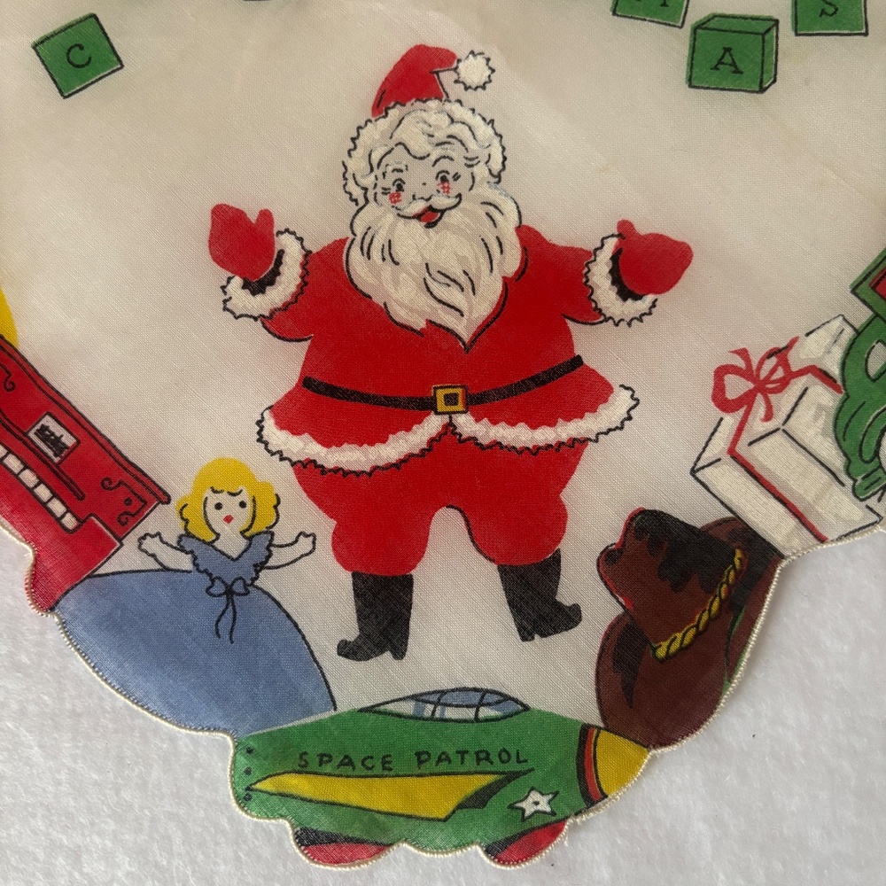 Vintage Christmas Santa Toys, Space Patrol Cotton Die-Cut Doily handkerchief - Picture 2 of 10